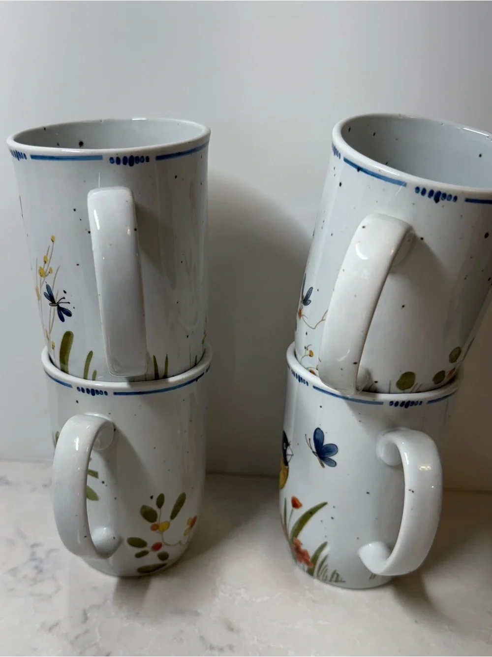 Fitz and Floyd Hand-Painted Bird Mugs in Blue, Yellow & Green